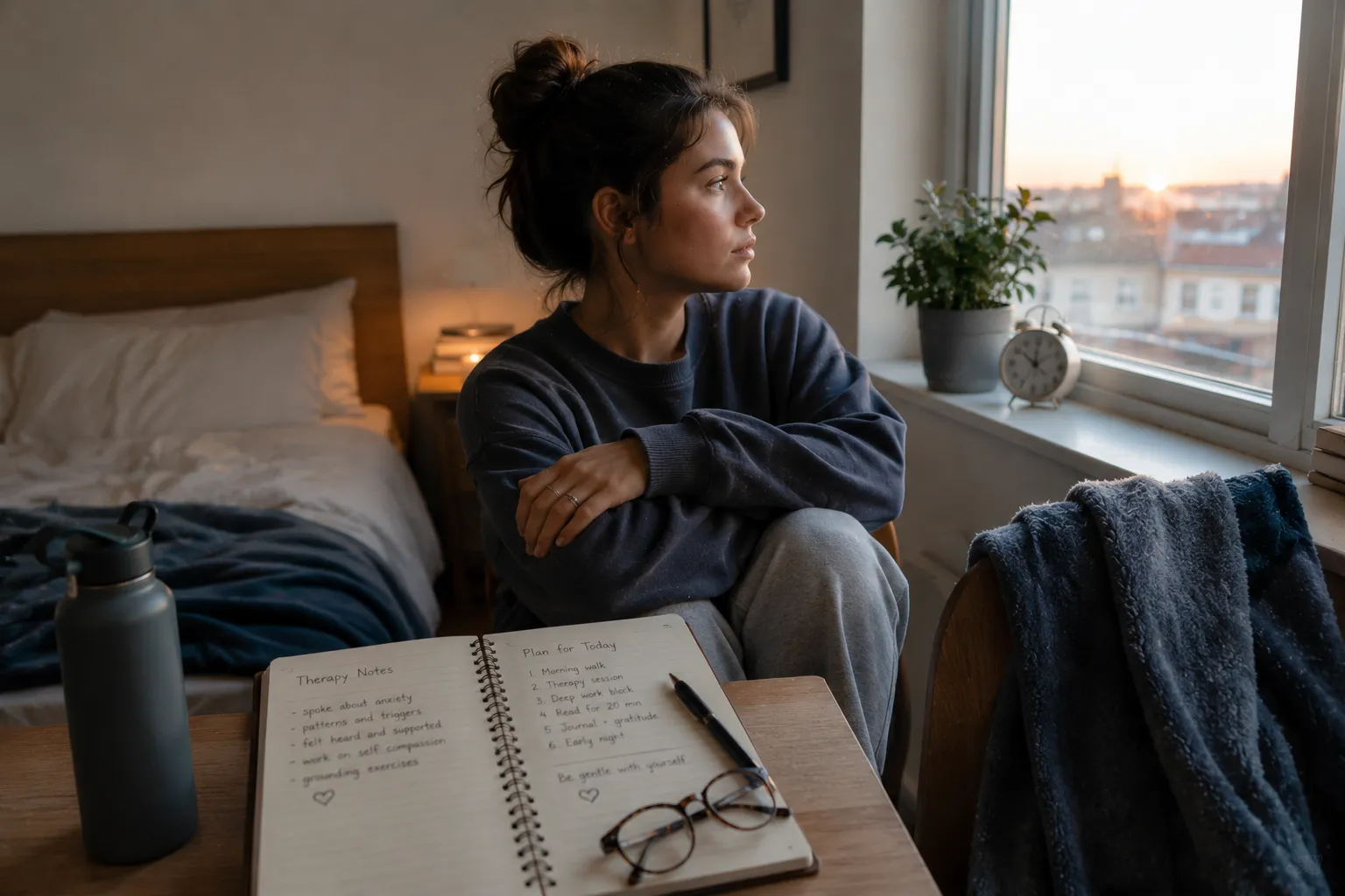 Persona detectando señales de burnout emocional, respirando con calma en un entorno tranquilo y acogedor
