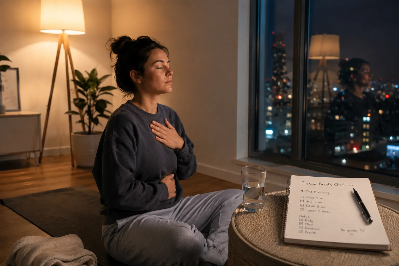 Person practicing calm breathing during anxiety, simple practical self-regulation routine