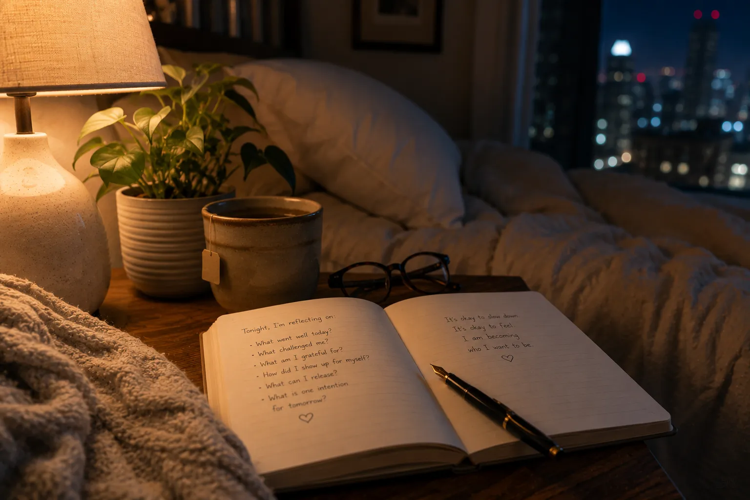 Escena nocturna tranquila con luz cálida y habitación preparada para recuperación del sueño