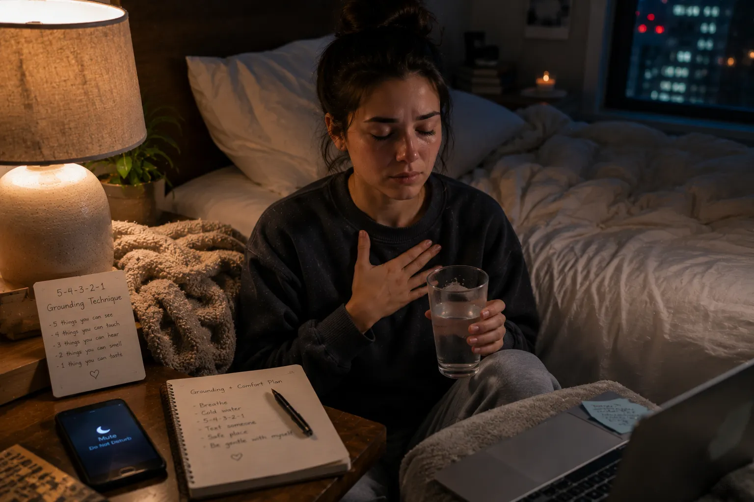 Person practicing grounding techniques during a panic episode in a safe, calm space